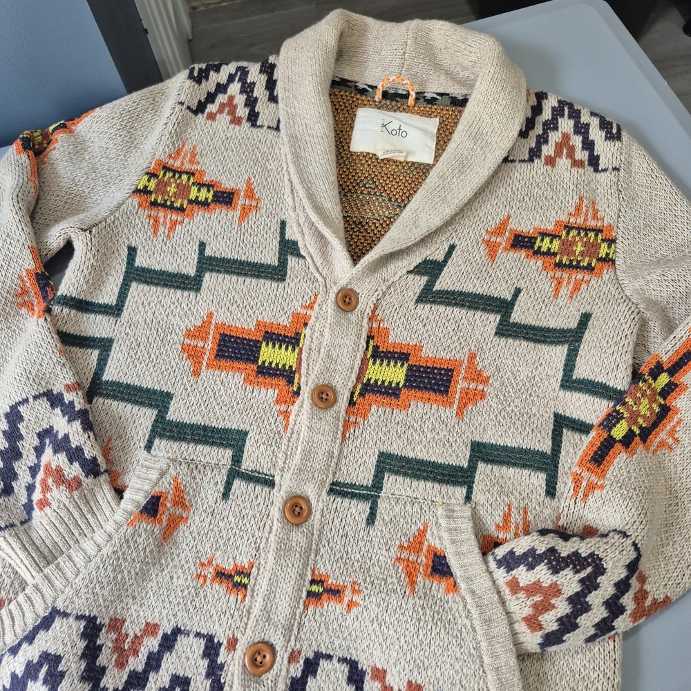 KOTO Cardigan Sweater Mens Small Beige Aztec Southwest Navajo Shawl Collar Knit